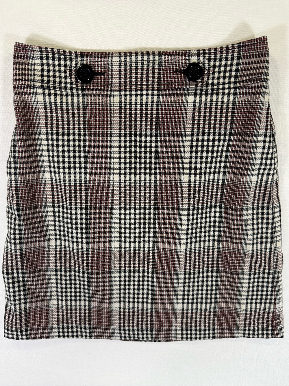 Ann Taylor Plaid Button-Accent Mini Skirt - Burgundy/Black/White
